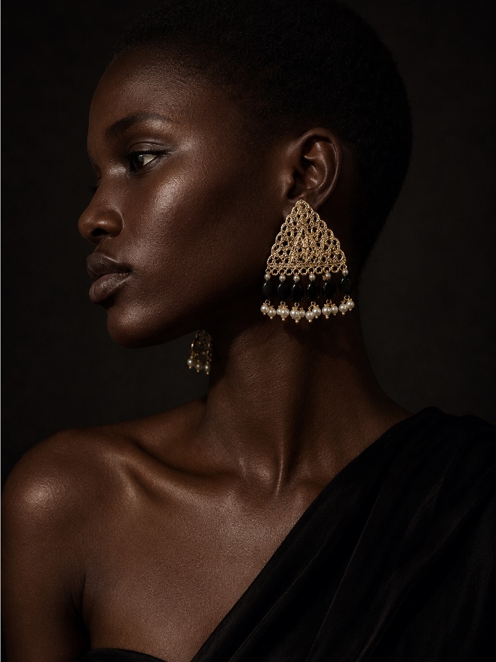 Gold Filigree Triangle Drop Earrings with Black Beads and Pearl Drops